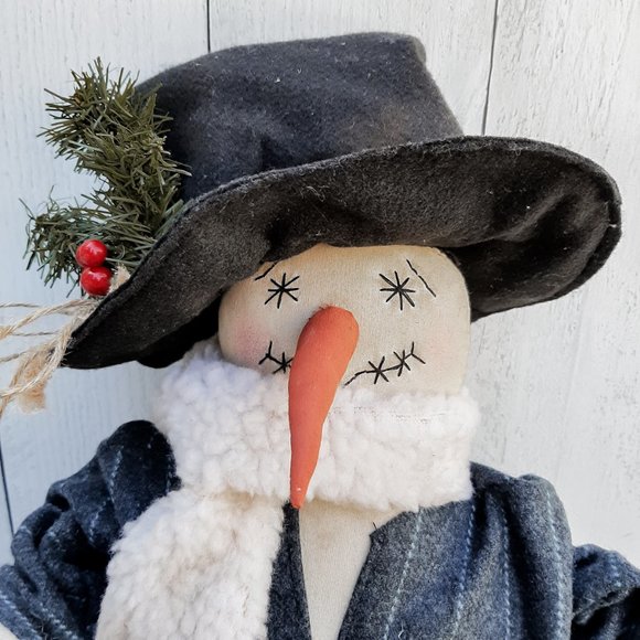 HANDMADE Primitive Country Snowman Wool Coat Stuffed Doll Christmas Decor - Picture 2 of 8